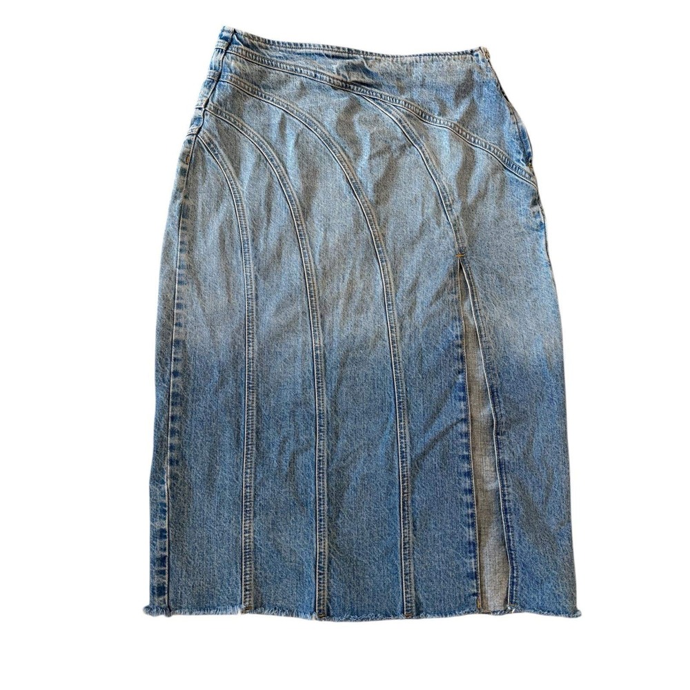 Zara Denim Panelled Midi Skirt Front Slit Raw Hem Blue 100% Cotton Size Small 26